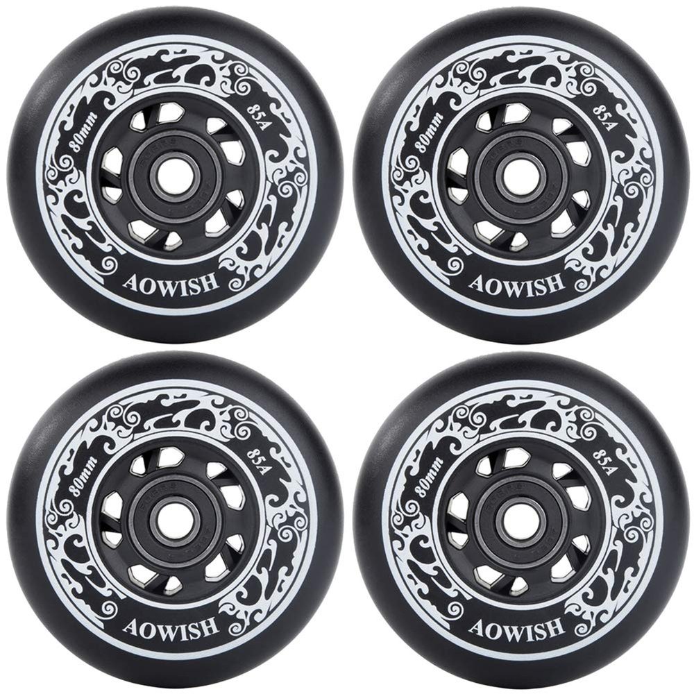 AOWISH 4-Pack Inline Skate Wheels Outdoor Asphalt Formula 85A Hockey Roller Blades Replacement Wheel with Bearings ABEC-9 and Floating Spacers (Black, 76mm)