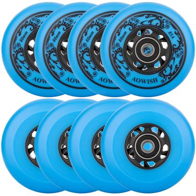 AOWISH Inline Skate Wheels 85A Outdoor Asphalt Formula Hockey Roller Blades Replacement Wheel with Bearings ABEC-9 and Floating Spacers (8-pack) (Blue, 80mm)