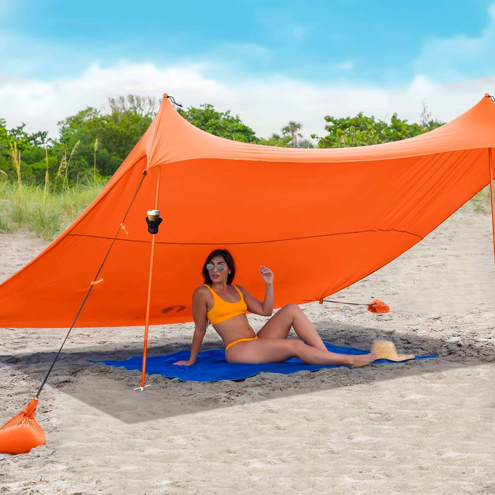 Red Suricata Family Beach Tent & Beach Canopy & 2 Beverage Holders Bundle - UPF50 UV Sun Shade Shelter (Large, Orange)
