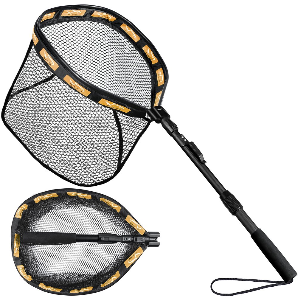 PLUSINNO Fishing Net Fish Floating Landing Net, Kayak Nets with Fixed Foldable Telescopic Pole Handle,Bass Trout Fishing Nets with Nylon Mesh for Pond Lake River,Fishing Gear Gifts for Men Orange 1.0M
