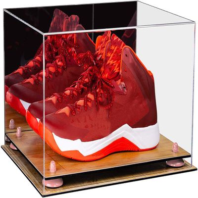 Better Display Cases Acrylic Basketball Shoe Pair Display Case with Mirror, Pink Risers and Wood Base (A082/V13)