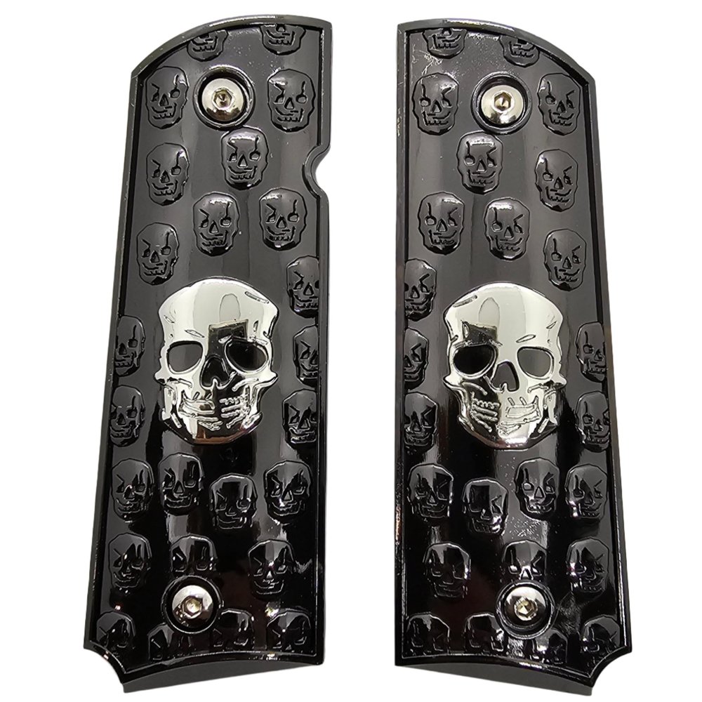 Black and Nickel 1911 Grips with Ambi Cut . Scales Design, Fits Commander and Government and Clones Models