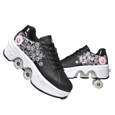 Double-Row Deform Wheel Automatic Walking Shoes Invisible Deformation Roller Skate 2 in 1 Removable Pulley Skates Skating Parkour (Black Powder, US9)