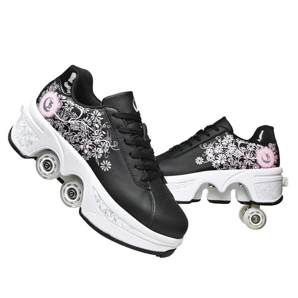 Double-Row Deform Wheel Automatic Walking Shoes Invisible Deformation Roller Skate 2 in 1 Removable Pulley Skates Skating Parkour (Black Powder, US9)