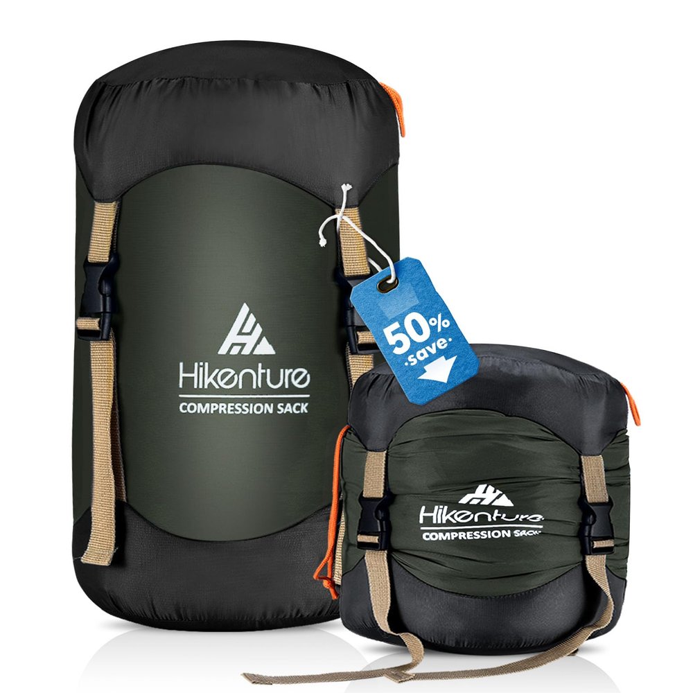 Hikenture Compression Sack for Sleeping Bag, Dark Green 10L Water-Resistant Compression Bag with Anti-Tear Nylon Fabric
