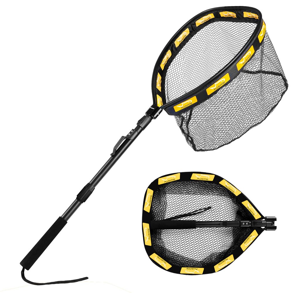 PLUSINNO Fishing Net Fish Floating Landing Net, Kayak Nets with Fixed Foldable Telescopic Pole Handle,Bass Trout Fishing Nets with Nylon Mesh for Pond Lake River,Fishing Gear Gifts for Men Orange 1.5M