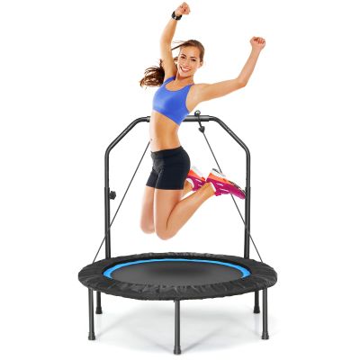 Giantex 40" Foldable Mini Trampoline, Indoor Fitness Trampoline with 42.5''-51.5" Height Adjustable Handle, Resistance Bands, Rebounder Exercise Trampoline for Adults (Blue)