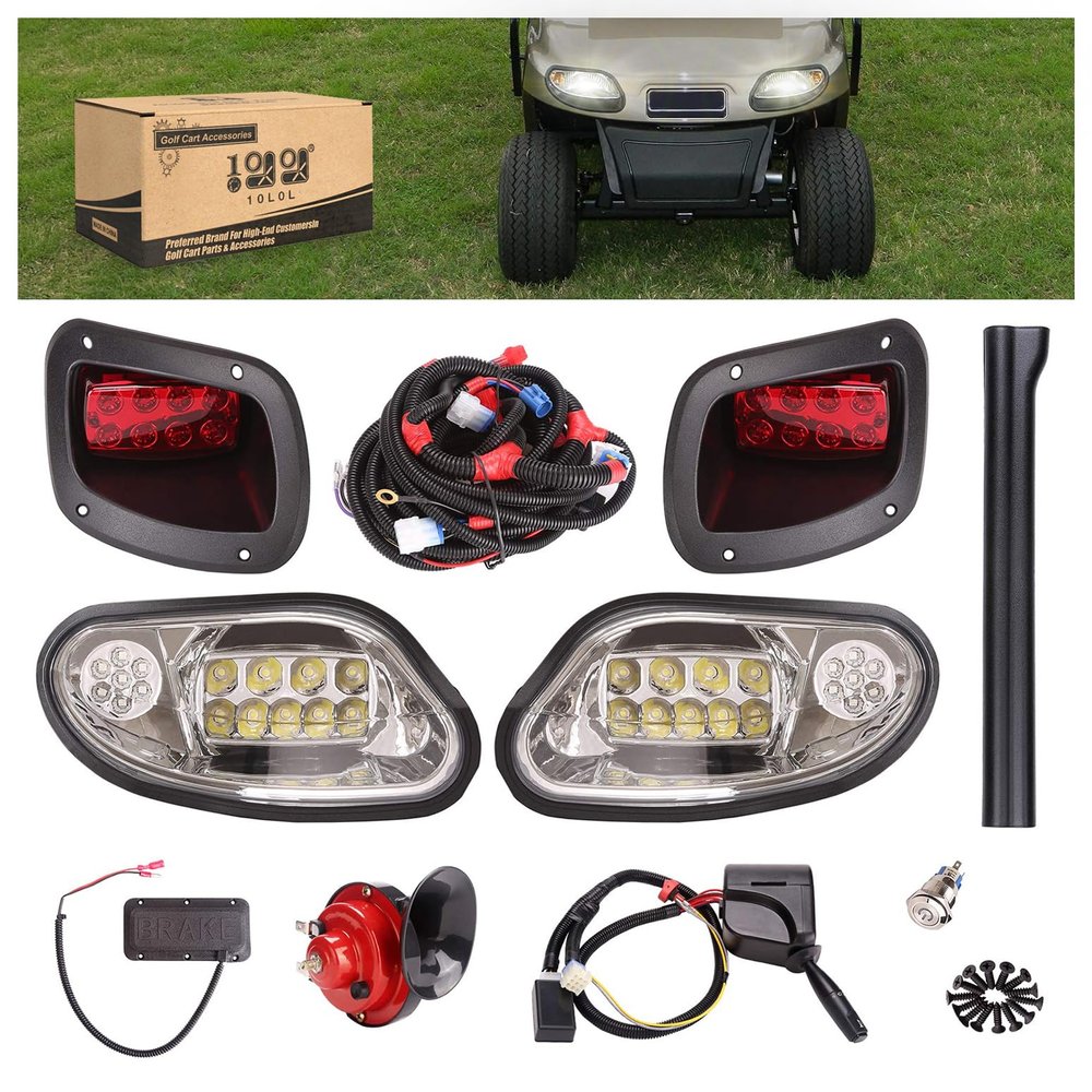 10L0L Golf Cart Deluxe Headlight &Taillight Kit for 2014 Up EZGO Freedom/TXT T48/ EZGO Valor Gas & Electric with Light Upgrade Kit with Turn Signals Switch/Horn/Brake Lights Harness (12V Input)