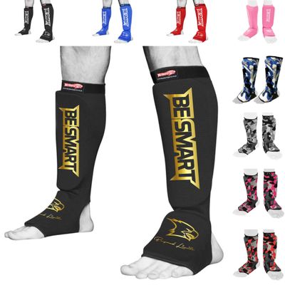 Be Smart Muay Thai MMA Kickboxing Shin Guards, Instep Guard Sparring Protective Gear Equipment Shin Kick Pads for Kids, Youth, Men and Women (Black/Golden, Medium)