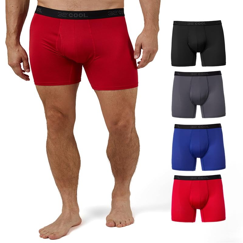 32 Degrees Cool Mens 4-PACK Active Mesh Quick Dry Performance Boxer Brief, Black/Char/Blue/Fire, Small