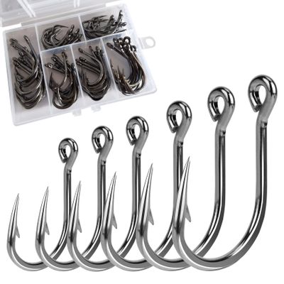 60PCS/Box DERKERL Fishing Hooks, Extra Strong Fish Hooks Stainless Steel Fishing Hooks 6 Sizes: 4/0 5/0 6/0 7/0 8/0 9/0#