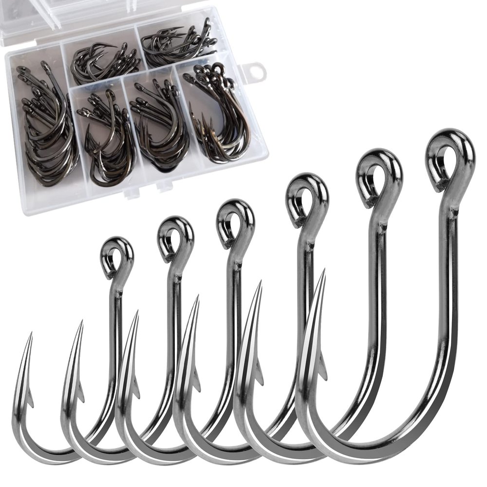 60PCS/Box DERKERL Fishing Hooks, Extra Strong Fish Hooks Stainless Steel Fishing Hooks 6 Sizes: 4/0 5/0 6/0 7/0 8/0 9/0#