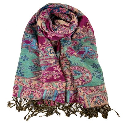 Plum Feathers Pashmina Scarf with Ethnic Tapestry Style Paisley Pattern - 67" x 28" Everyday Pashmina Travel Wrap and Shawl (Fuchsia Turquoise Tropical Paisley)