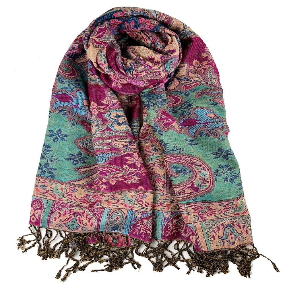 Plum Feathers Pashmina Scarf with Ethnic Tapestry Style Paisley Pattern - 67" x 28" Everyday Pashmina Travel Wrap and Shawl (Fuchsia Turquoise Tropical Paisley)