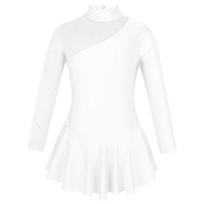 easyforever Kids Girls Ice Figure Skating Roller Skater Leotard Dress Floral Lace Long Sleeve Tutu Skirt Dancewear White 2 10