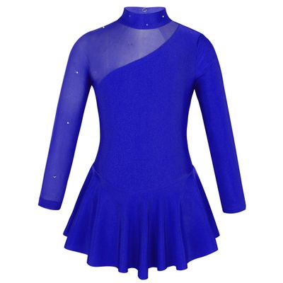 easyforever Kids Girls Ice Figure Skating Roller Skater Leotard Dress Floral Lace Long Sleeve Tutu Skirt Dancewear Royal Blue 2 6