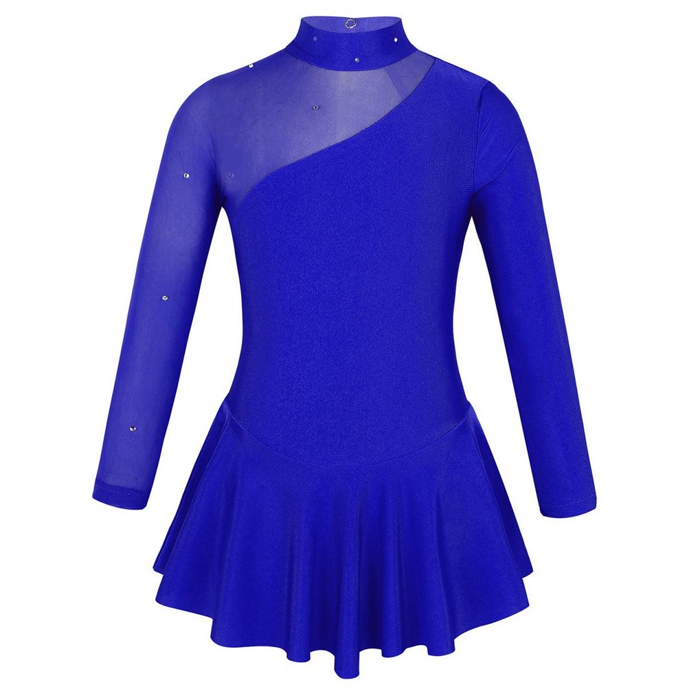 easyforever Kids Girls Ice Figure Skating Roller Skater Leotard Dress Floral Lace Long Sleeve Tutu Skirt Dancewear Royal Blue 2 6