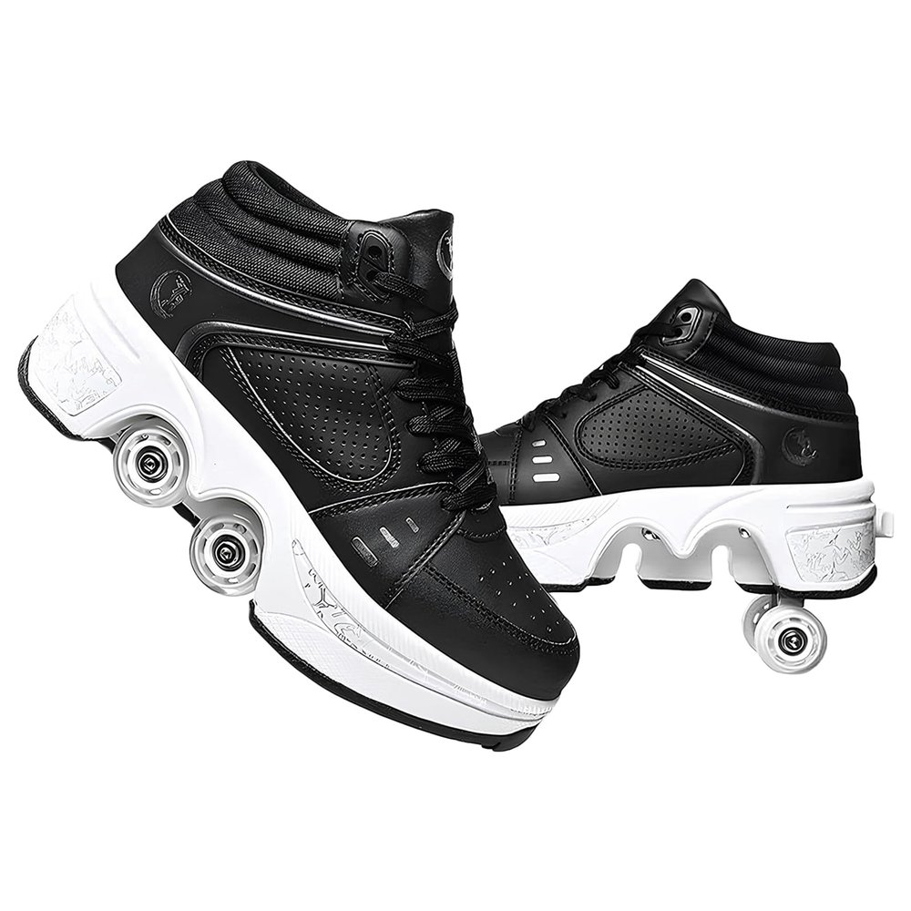 Double-Row Deform Wheel Automatic Walking Shoes Invisible Deformation Roller Skate 2 in 1 Removable Pulley Skates Skating Parkour (Black high, US 6.5)
