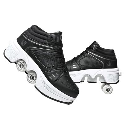 Double-Row Deform Wheel Automatic Walking Shoes Invisible Deformation Roller Skate 2 in 1 Removable Pulley Skates Skating Parkour (Black high, US 7)