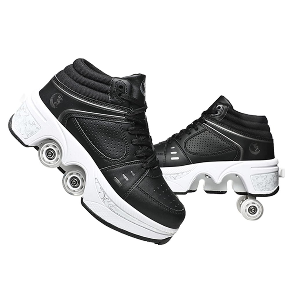Double-Row Deform Wheel Automatic Walking Shoes Invisible Deformation Roller Skate 2 in 1 Removable Pulley Skates Skating Parkour (Black high, US 7)