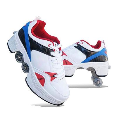 Double-Row Deform Wheel Automatic Walking Shoes Invisible Deformation Roller Skate 2 in 1 Removable Pulley Skates Skating Parkour (White Blue, US 7)