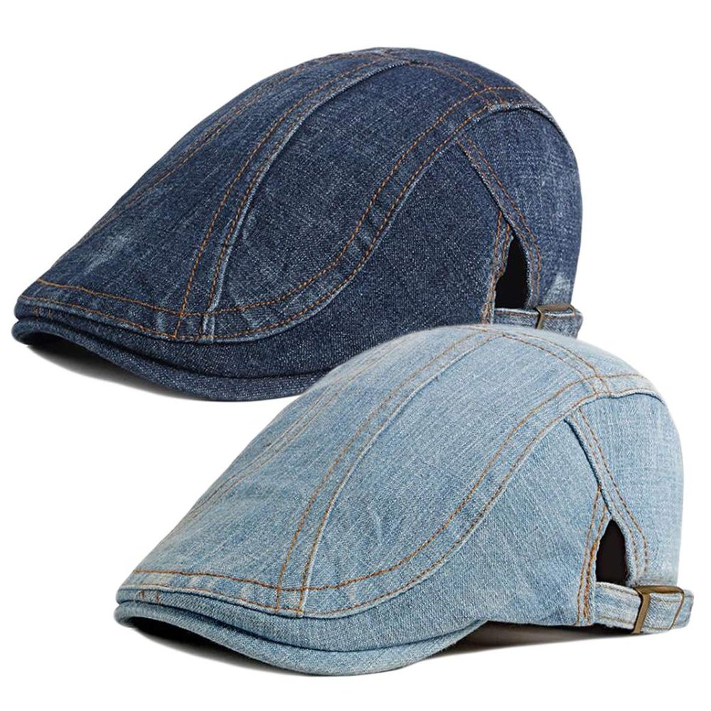 2 Pack Mens Denim Cotton Newsboy Cap Ivy Gatsby Driving Hunting Cabbie Hats (F)