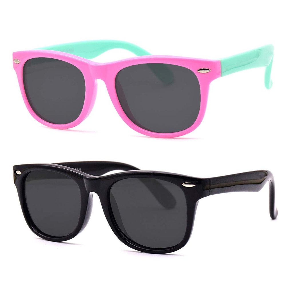 JUSLINK Toddler Kids Sunglasses,Rubber Flexible Polarized Kids Sunglasses for Girls and Boys Age 2 to 10 (Black+Pink-green)