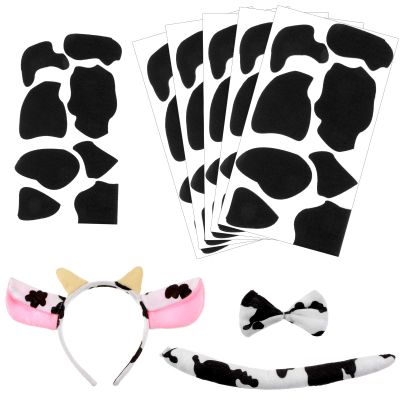 WILLBOND Halloween Cow Costume Set Cow Ears Headband Bow Tie Tail Adhesive Felt Pads Stickers for DIY Halloween Accessories