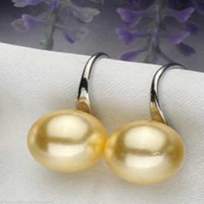 Beading 8/10/12mm Genuine Yellow South Sea Shell Pearl Silver Dangle Earrings - (Size: 8mm)