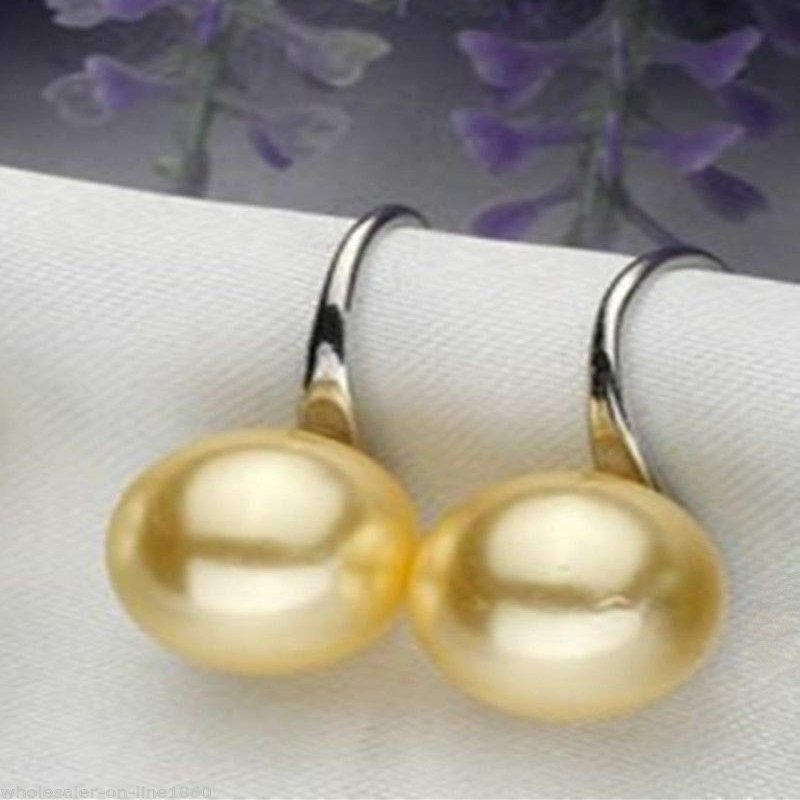 Beading 8/10/12mm Genuine Yellow South Sea Shell Pearl Silver Dangle Earrings - (Size: 8mm)