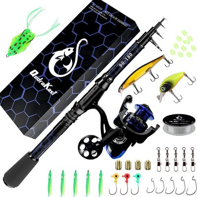 QudraKast Fishing Rod and Reel Combos, Carbon Fiber Telescopic Fishing Rod with Reel Combo Kit with Tackle Box, Best Gift for Fishing Beginner and Angler (180 Bule)