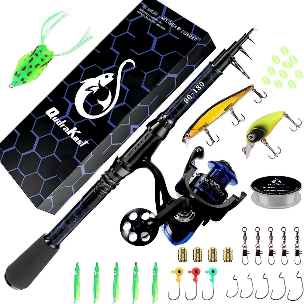 QudraKast Fishing Rod and Reel Combos, Carbon Fiber Telescopic Fishing Rod with Reel Combo Kit with Tackle Box, Best Gift for Fishing Beginner and Angler (180 Bule)