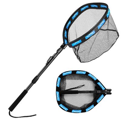 PLUSINNO Fishing Net Fish Floating Landing Net, Kayak Nets with Fixed Foldable Telescopic Pole Handle, Bass Trout Fishing Nets with Nylon Mesh for Pond Lake River, Fishing Gear Gifts for Men,Blue 1.5M
