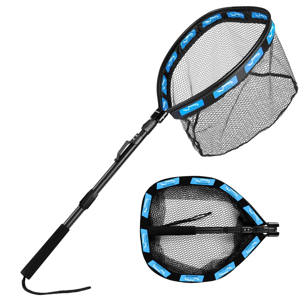 PLUSINNO Fishing Net Fish Floating Landing Net, Kayak Nets with Fixed Foldable Telescopic Pole Handle, Bass Trout Fishing Nets with Nylon Mesh for Pond Lake River, Fishing Gear Gifts for Men,Blue 1.5M