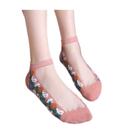 5 Pairs Embroidered Ankle Socks Woman Cotton End Sheer Mesh Transparent Socks Low Cut