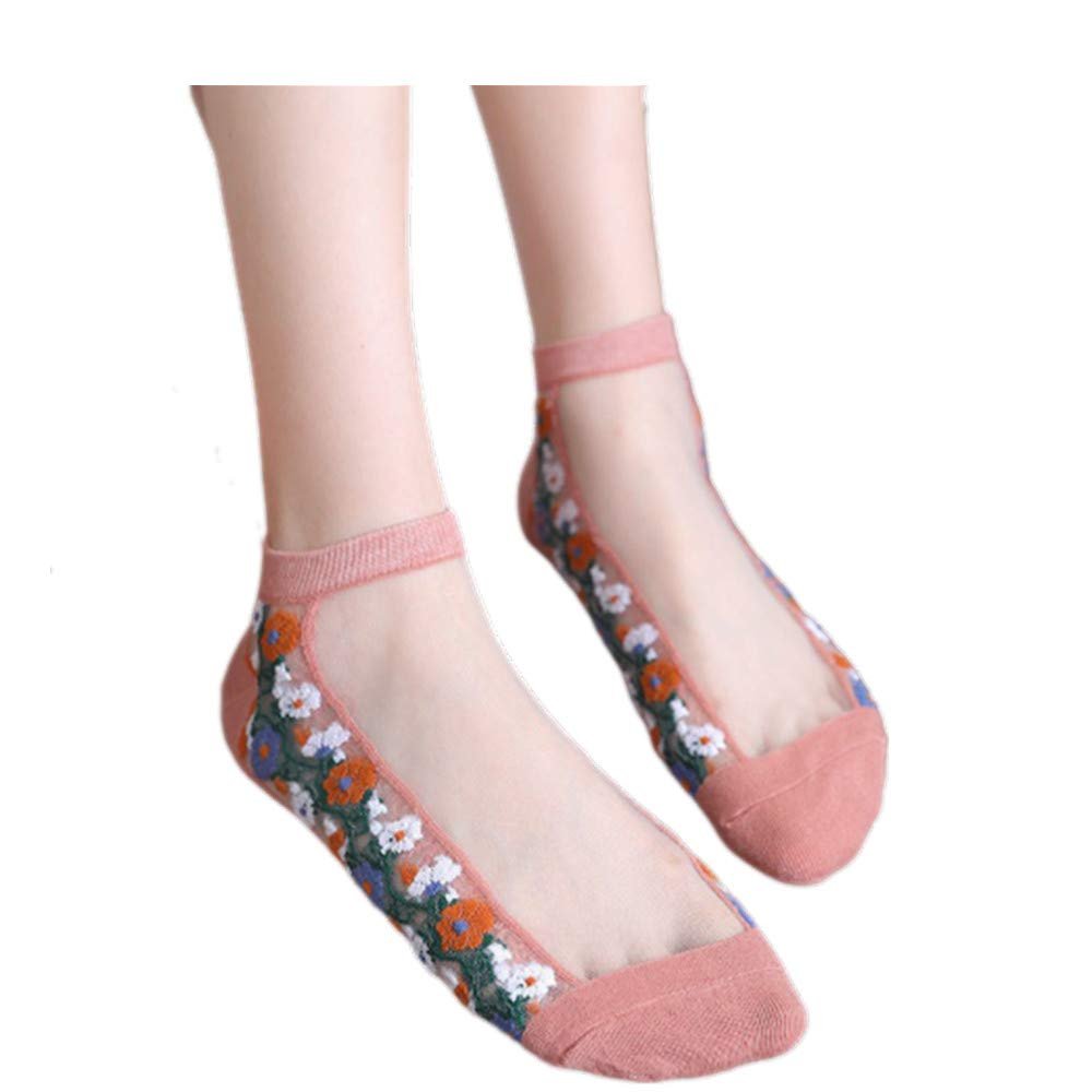 5 Pairs Embroidered Ankle Socks Woman Cotton End Sheer Mesh Transparent Socks Low Cut
