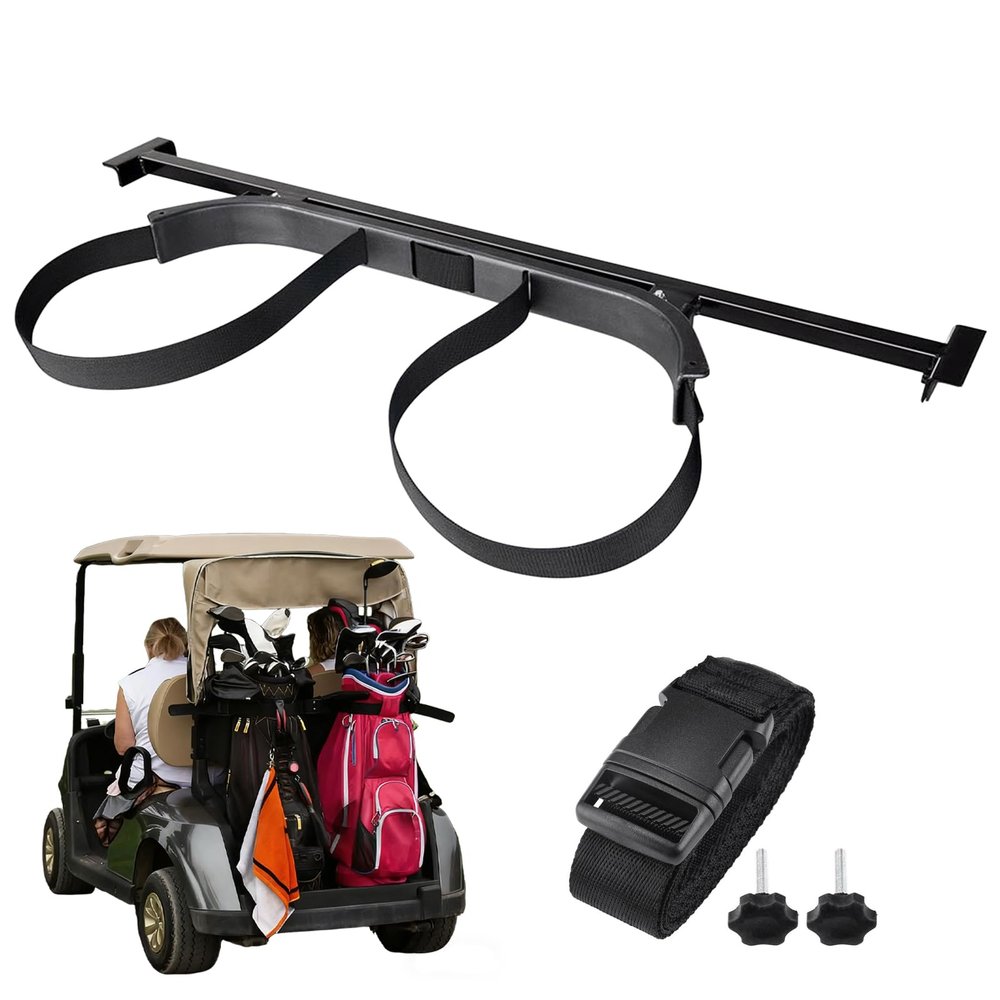 Universal Golf Cart Bag Holder Bracket Fit for Yamaha, EZGO and Club Car Rear Seat Kits, Golf Cart Rack Designed for 1-Inch Square Tube with Nylon Strap Attachment for Securing Golf Bag