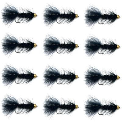 Feeder Creek Flies for Fly Fishing Conehead Woolly Bugger Trout and Bass Flies | Premium Fishing Lures |12pc Fly Fishing Streamers (Black, 4)