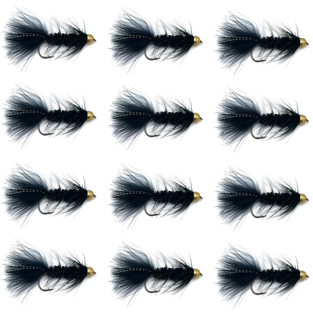 Feeder Creek Flies for Fly Fishing Conehead Woolly Bugger Trout and Bass Flies | Premium Fishing Lures |12pc Fly Fishing Streamers (Black, 4)