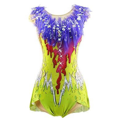 LIUHUO Women's Rhythmic Gymnastics Leotard Neon Green Red with Purple Mesh Stretchy Fabric Performance Competition Bodysuit