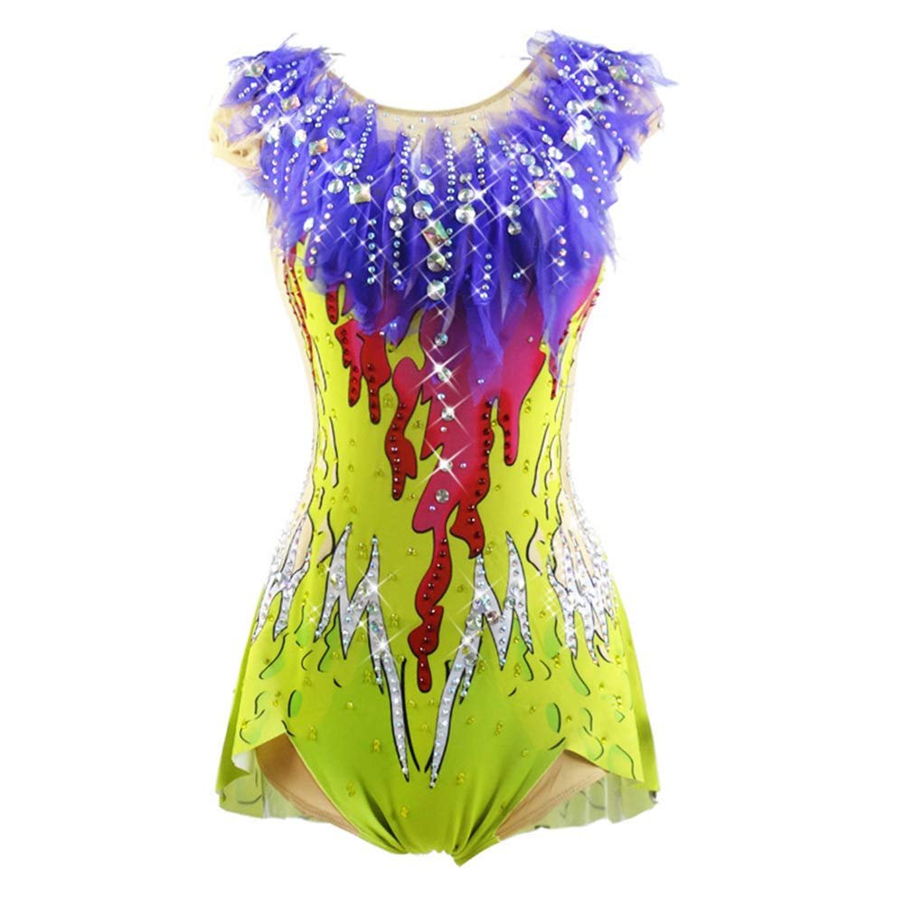 LIUHUO Women's Rhythmic Gymnastics Leotard Neon Green Red with Purple Mesh Stretchy Fabric Performance Competition Bodysuit