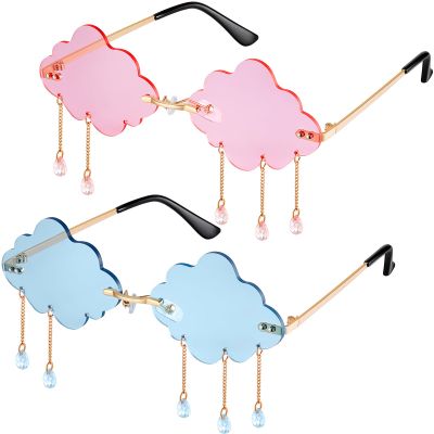 2 Pairs Tassel Clouds Shaped, Rimless Men Women 90s Disco Sunglasses (Light Blue, Pink)