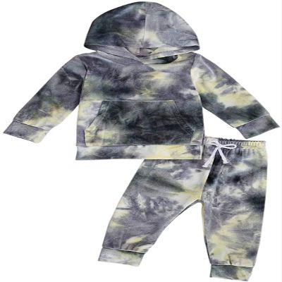Goelsakurara Toddler Kids Baby Boy Girl Tie Dye Outfit Long Sleeve Hooded Sweatshirt Top Drawstring Sweatpants 2Pcs Tracksuit (Grey,1-2T)