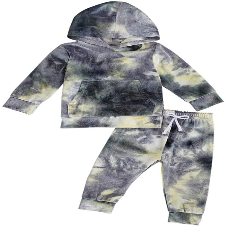 Goelsakurara Toddler Kids Baby Boy Girl Tie Dye Outfit Long Sleeve Hooded Sweatshirt Top Drawstring Sweatpants 2Pcs Tracksuit (Grey,1-2T)