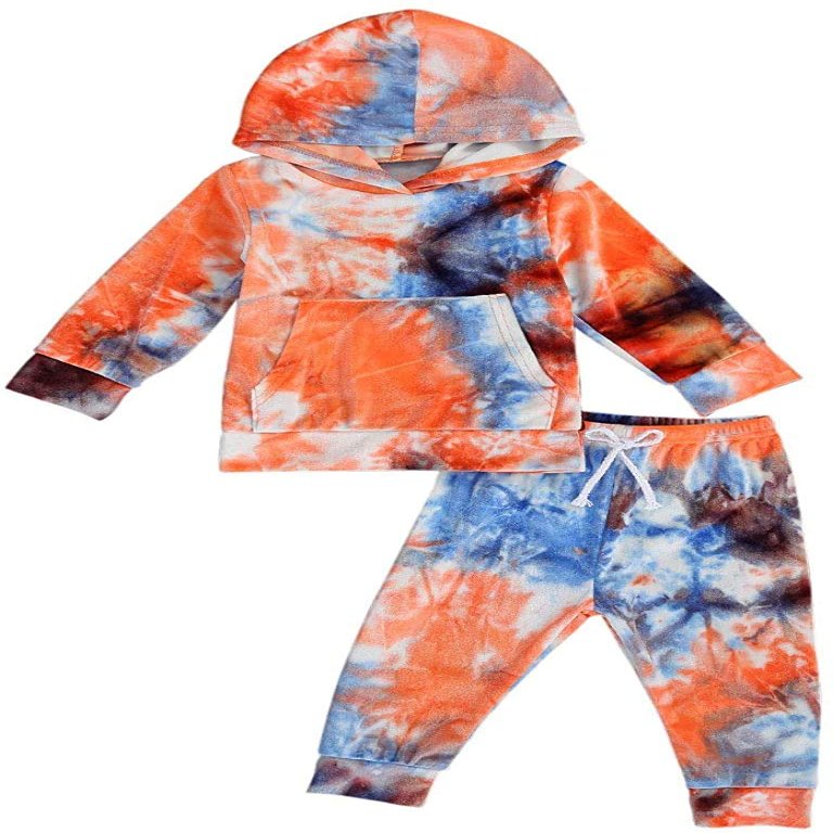 Goelsakurara Toddler Kids Baby Boy Girl Tie Dye Outfit Long Sleeve Hooded Sweatshirt Top Drawstring Sweatpants 2Pcs Tracksuit (Red,4-5T)