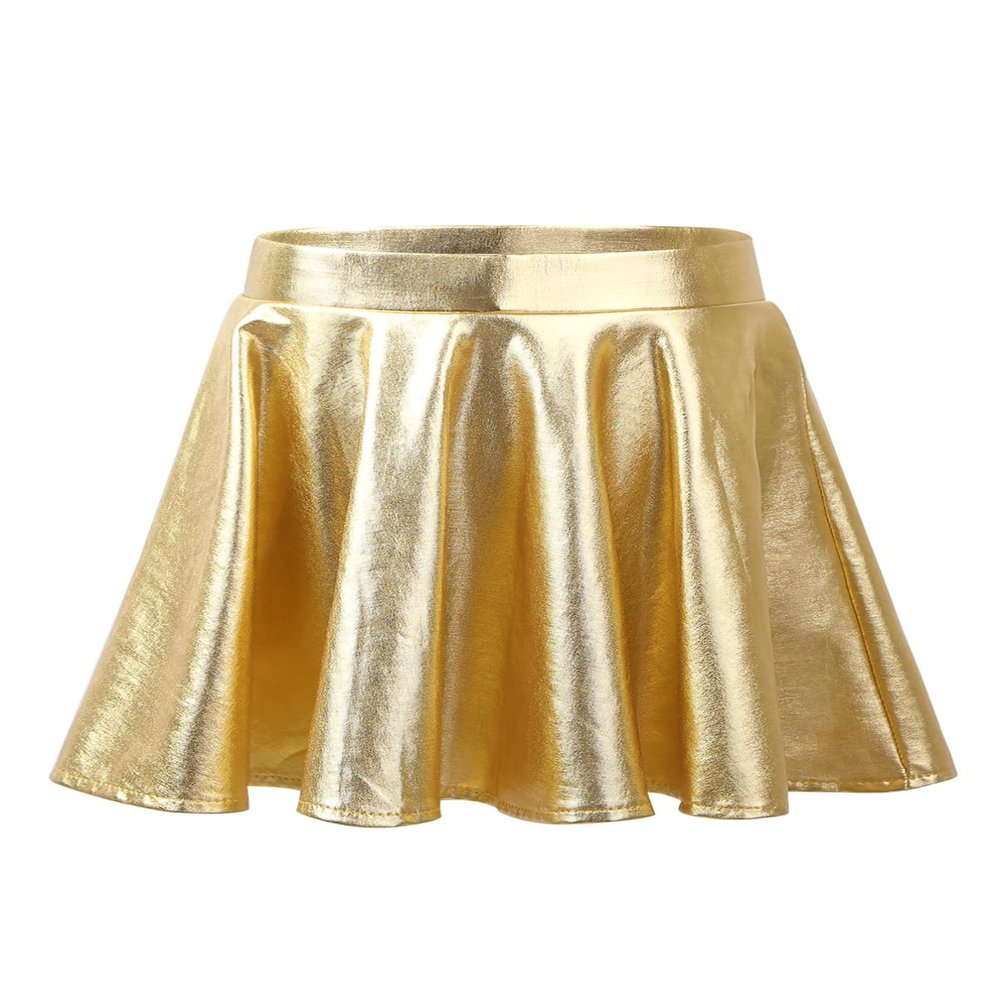 dPois Girls Kids Shiny Metallic Flared Pleated Mini Skirt A-Line Skater Skort Ballet Jazz Hip Hop Dance Outfit Gold 8
