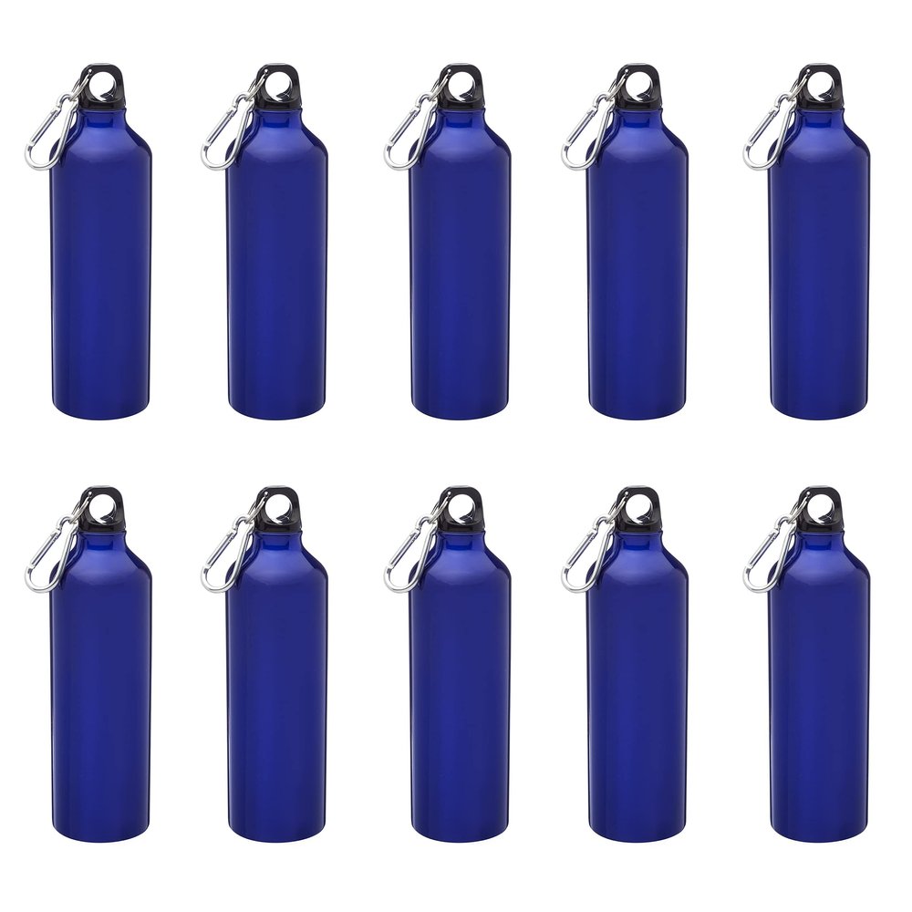 DISCOUNT PROMOS Aluminum Water Bottles with Carabiner 24 oz. Set of 10, Bulk Pack - Perfect for Gym, Hiking, Camping, Running, Mountain Bike, Outdoor Sports - Met Blue