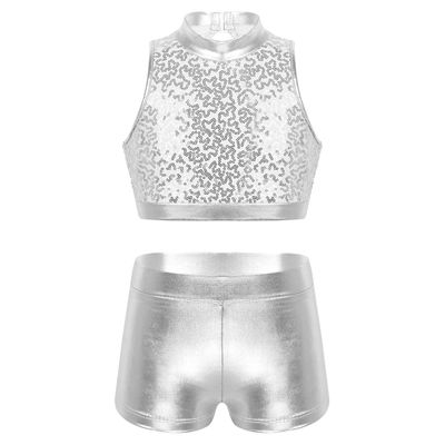 easyforever Kids Girls 2PCS Shiny Mermaid Scales Ballet Dance Outfit Crop Top with Short Tankini Swimsuit Silver 3 14