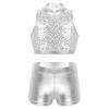easyforever Kids Girls 2PCS Shiny Mermaid Scales Ballet Dance Outfit Crop Top with Short Tankini Swimsuit Silver 3 14 view 1