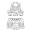 easyforever Kids Girls 2PCS Shiny Mermaid Scales Ballet Dance Outfit Crop Top with Short Tankini Swimsuit Silver 3 14 view 3